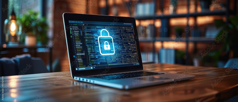 A laptop screen shows a blue lock symbol A laptop screen shows a blue lock symbol