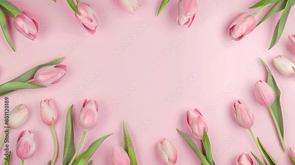 top view, light pink solid background; frame from pink tulips flowers, studio light. isolated on a solid pink background. Illustrations top view, light pink solid background; frame from pink tulips flowers, studio light. isolated on a solid pink background. Illustrations