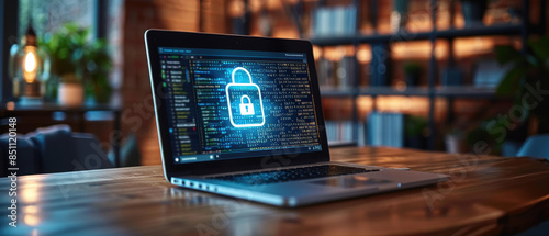 A laptop screen shows a blue lock symbol