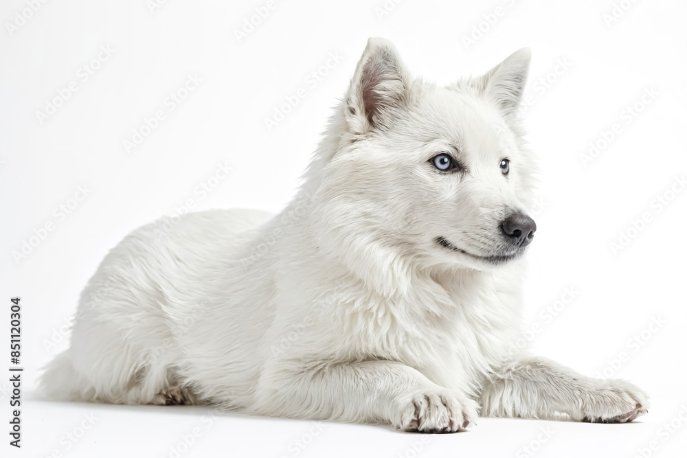 White Dog with Blue Eyes Lying on White Background White Dog with Blue Eyes Lying on White Background
