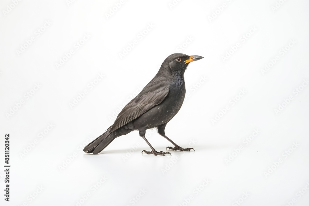Fototapeta premium Blackbird with Yellow Beak on White Background