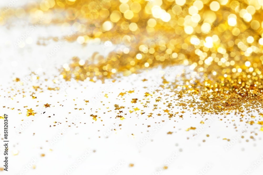 Texture of golden sheen on white background. Wave of shiny confetti. Texture of golden sheen on white background. Wave of shiny confetti.