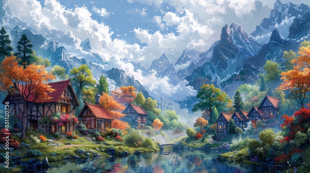 Small village by the river surrounded by colorful autumn mountains Small village by the river surrounded by colorful autumn mountains