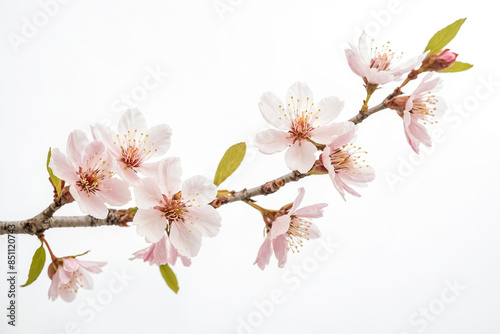Delicate Pink Cherry Blossoms on a Branch Against a White Background