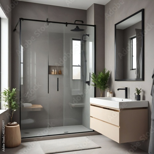 Stylish  beautiful bathroom interior with glass shower and sink, window 
