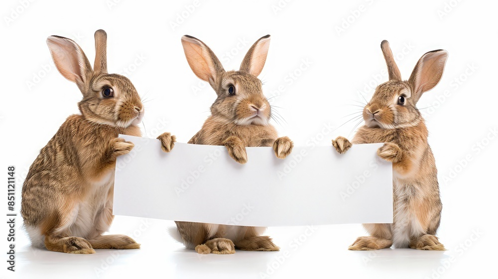 Fototapeta premium Three Rabbits holding a white banner