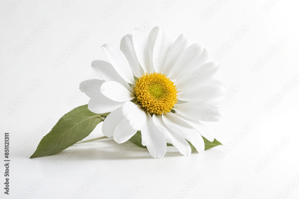Obraz premium Single White Daisy Flower with Green Leaf on White Background