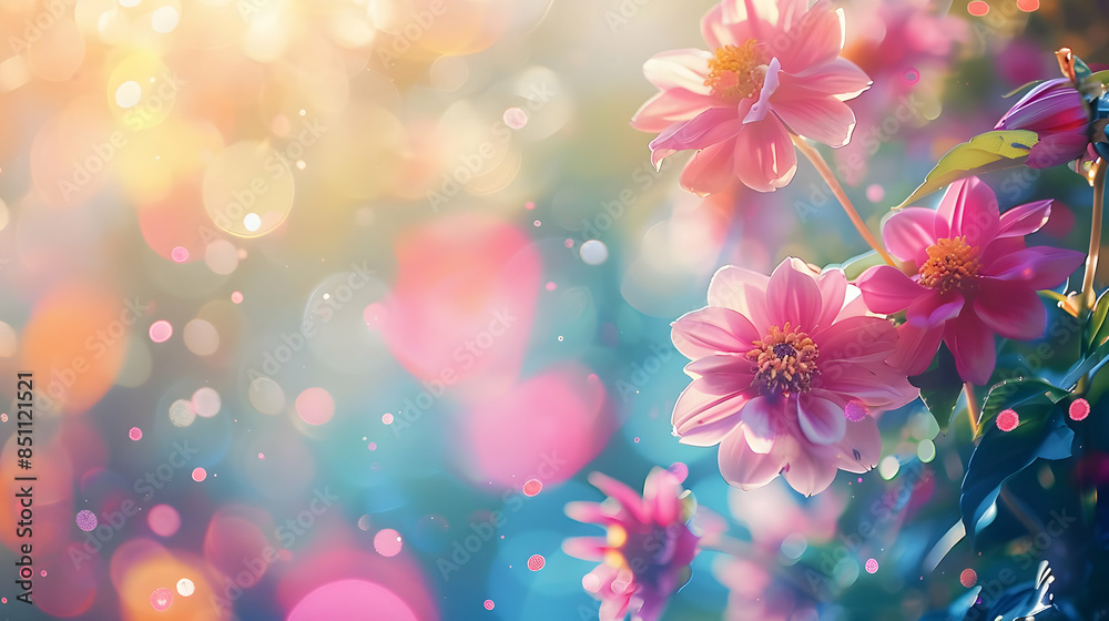 Fototapeta premium Bright summer floral background with vibrant flowers and bokeh effects Blooming flowers with dreamy backdrop Trendy botanical wallpaper Festive mood Wide banner Copy space Mockup f