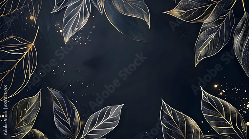 Dark art background with tropical white leaves with golden elements in line style Vector botanical banner for print design, decor, wallpaper, interior design