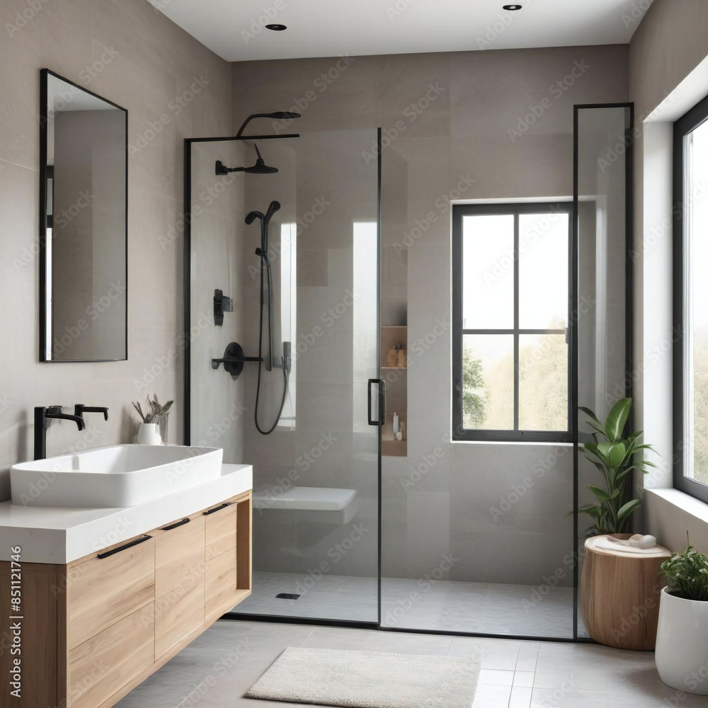 Stylish beautiful bathroom interior with glass shower and sink, window
Stylish beautiful bathroom interior with glass shower and sink, window
