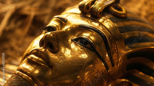 Close-up of the richly decorated golden postmortem mask of the pharaoh photo