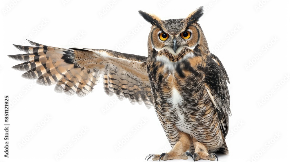 Wise owl pointing something out with his wing isolated on white Wise owl pointing something out with his wing isolated on white