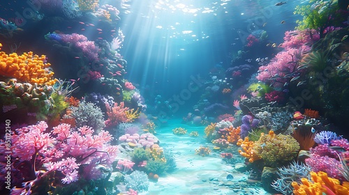 Sunlit Coral Reef Scene Underwater, Guiding Viewer through Vibrant Path © RAFI