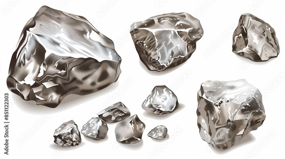 Set of silver nuggets isolated on transparent or white background, png. isolated on a solid white background. Illustrations Set of silver nuggets isolated on transparent or white background, png. isolated on a solid white background. Illustrations