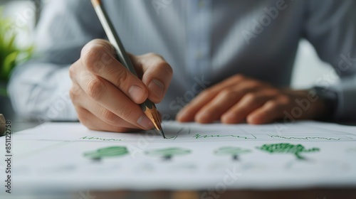 Hand sketching a sustainable business model on paper with green ink, eco-friendly and innovative design, close-up detail, business planning