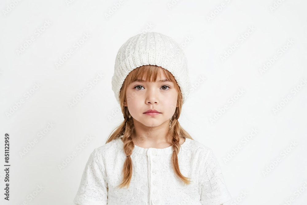 Young girl with white knitted hat and braided hair Young girl with white knitted hat and braided hair