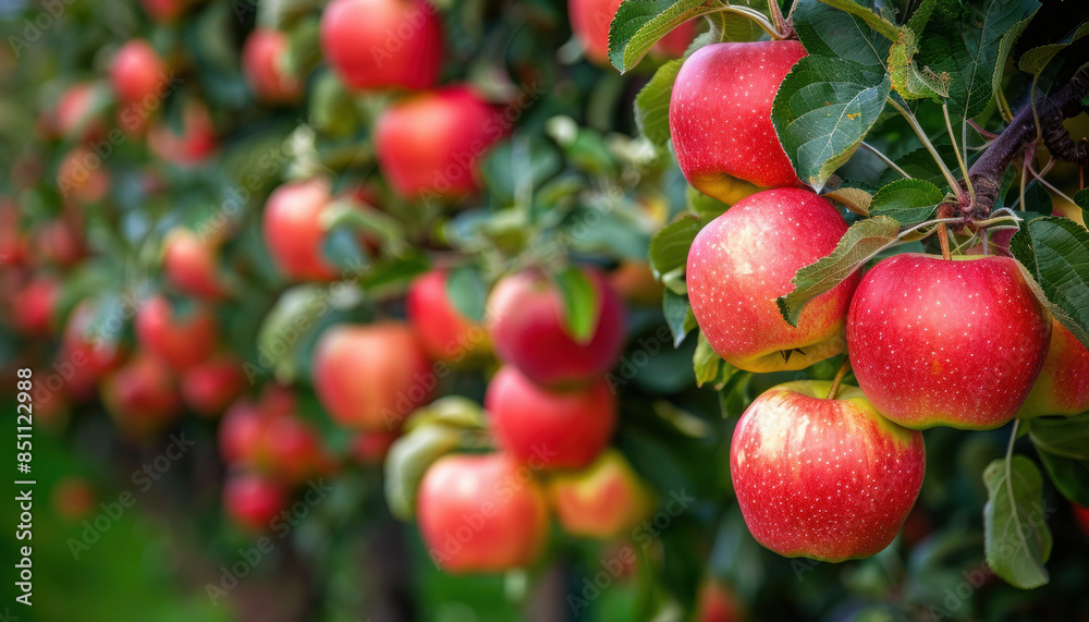 A row of red apples hanging from a tree A row of red apples hanging from a tree