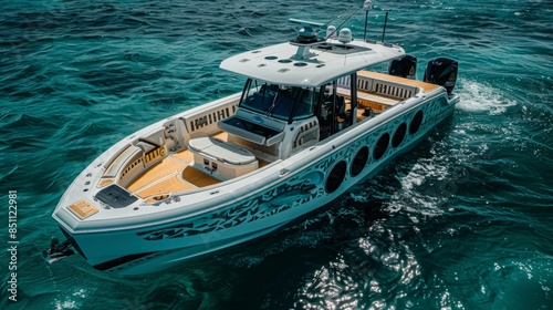 A white and blue luxury boat with a hardtop and large seating area is docked on clear blue water.