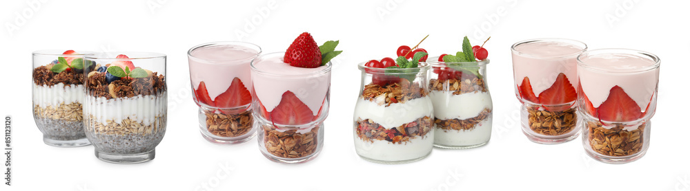Delicious granola with yogurt and berries isolated on white, set Delicious granola with yogurt and berries isolated on white, set