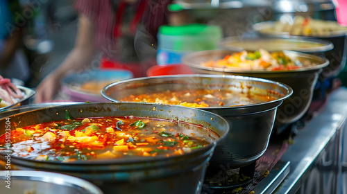 A street food stand selling bowls of hot and spicy Tom Yum Goong photo