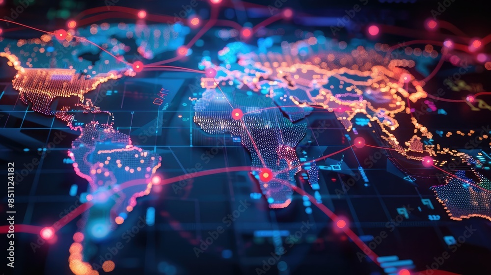 Abstract digital world map with neon lights and glowing lines, depicting global connectivity, technology, and advanced communication networks. Abstract digital world map with neon lights and glowing lines, depicting global connectivity, technology, and advanced communication networks.