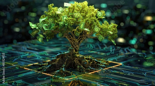 A digital tree growing out of a circuit board, symbolizing the convergence of technology and nature in a futuristic environment. photo