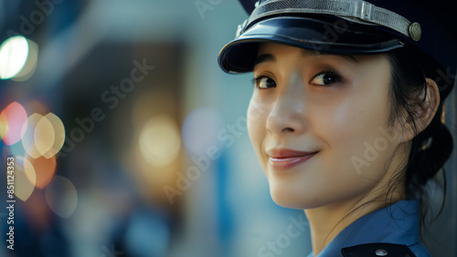 Smiling Asian female police worker, copy space © Worker