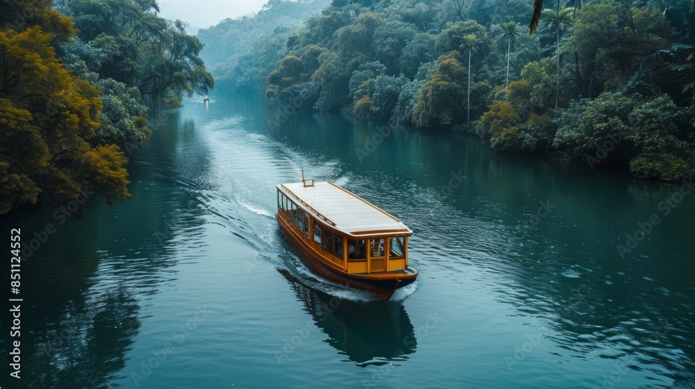 Naklejka premium A wooden boat travels down a river surrounded by dense foliage and a misty morning sky.