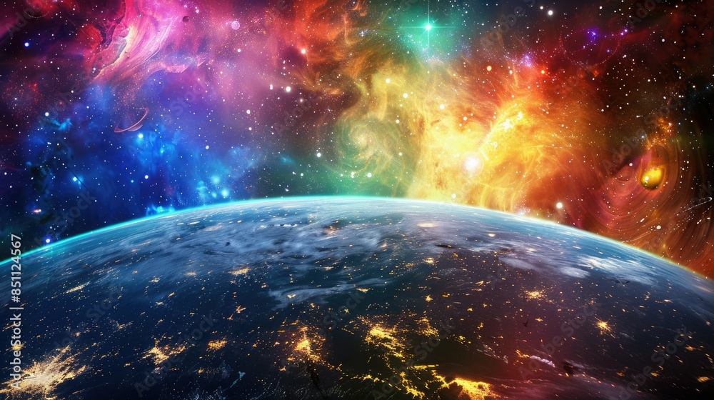 Obraz premium Stunning view of Earth from space with vibrant, colorful nebulae and stars in the galaxy background. Cosmic and celestial beauty captured perfectly.