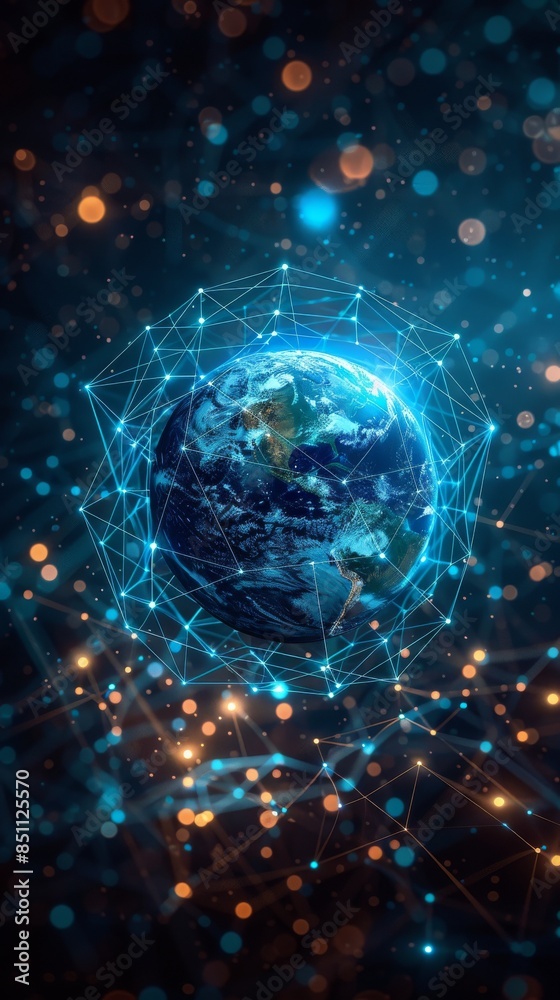 Obraz premium An illustration of global communication and the earth surrounded by cyberspace. 