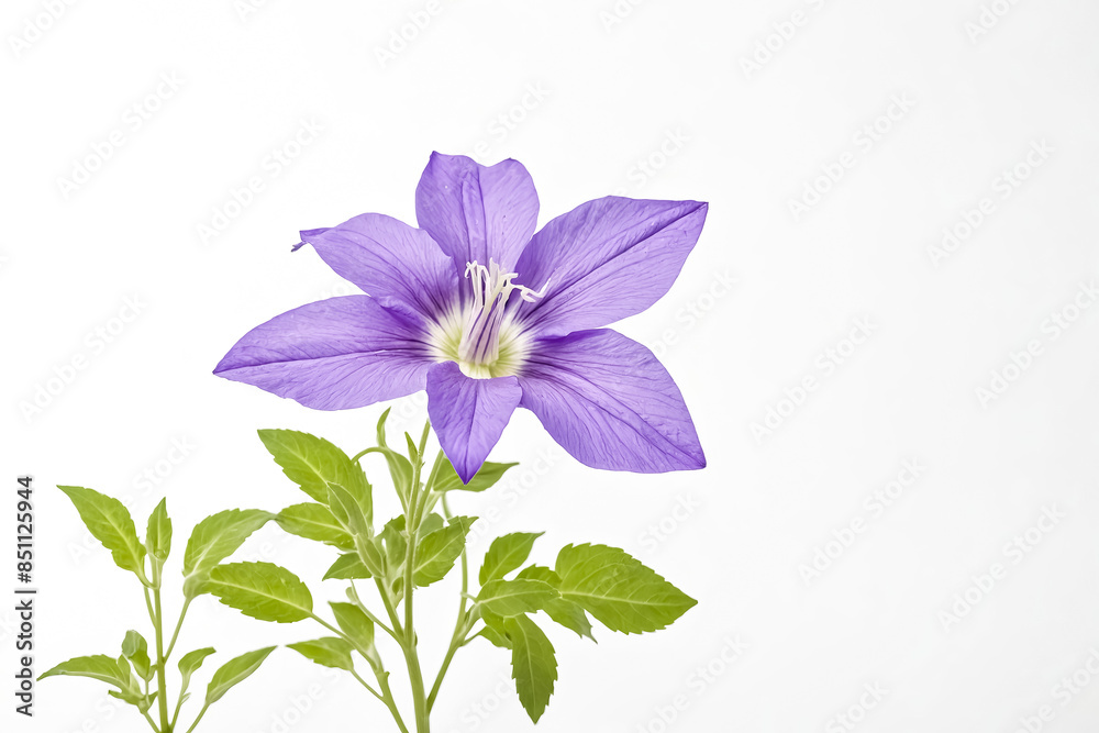 Purple Flower with Green Leaves on White Background Purple Flower with Green Leaves on White Background