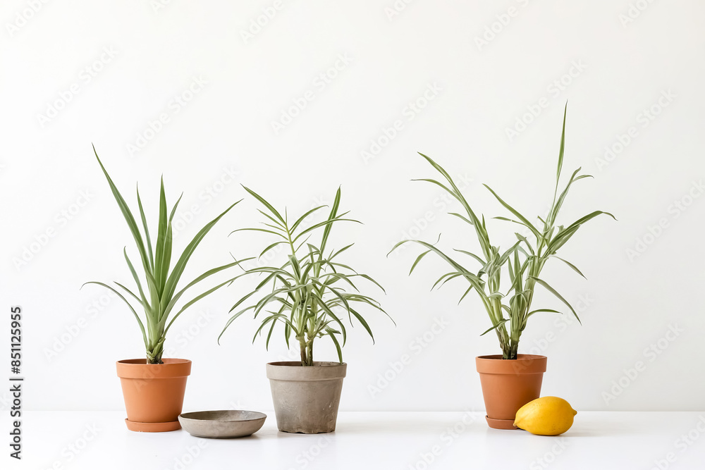 Three Potted Plants Against a White Background Three Potted Plants Against a White Background