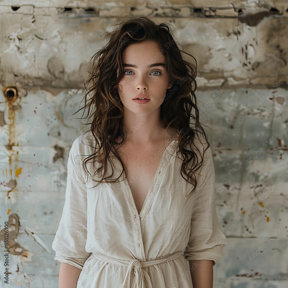 Fototapeta premium A beautiful young woman with long brown hair and blue eyes is standing in front of a rustic metal wall. She is wearing a simple white dress and has a thoughtful expression on her face