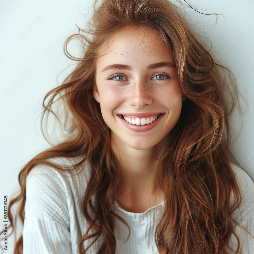 A young woman with a bright smile and captivating blue eyes looks confidently at the camera, her long brown hair flowing elegantly. Dressed in a crisp white shirt, she exudes grace and positivity A young woman with a bright smile and captivating blue eyes looks confidently at the camera, her long brown hair flowing elegantly. Dressed in a crisp white shirt, she exudes grace and positivity