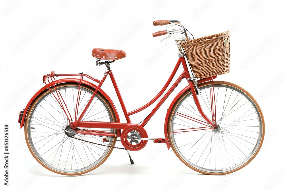 Classic red bicycle with wicker basket, isolated on white background. Classic red bicycle with wicker basket, isolated on white background.