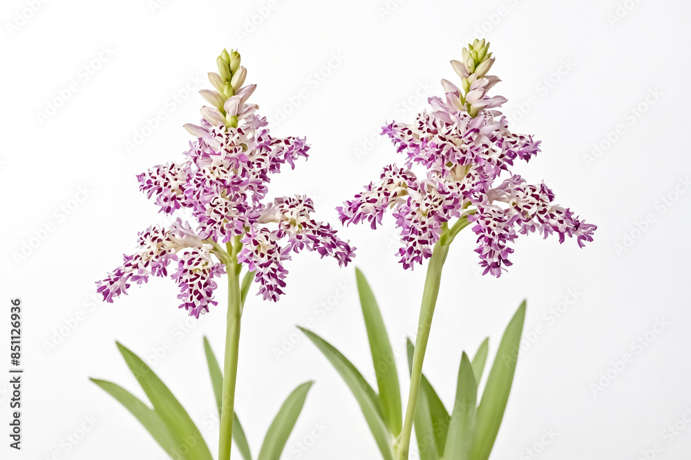 Two Pink and White Flowers with Green Stems on White Background Two Pink and White Flowers with Green Stems on White Background