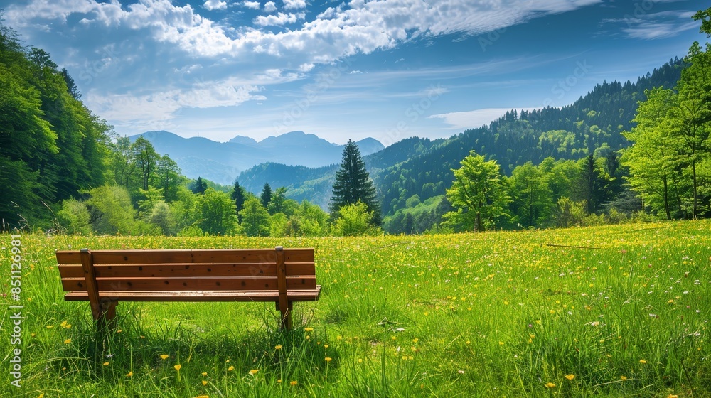 Bench set in a tranquil meadow, surrounded by verdant mountains and forest, blue sky with soft clouds, ideal for a creative banner with copyspace