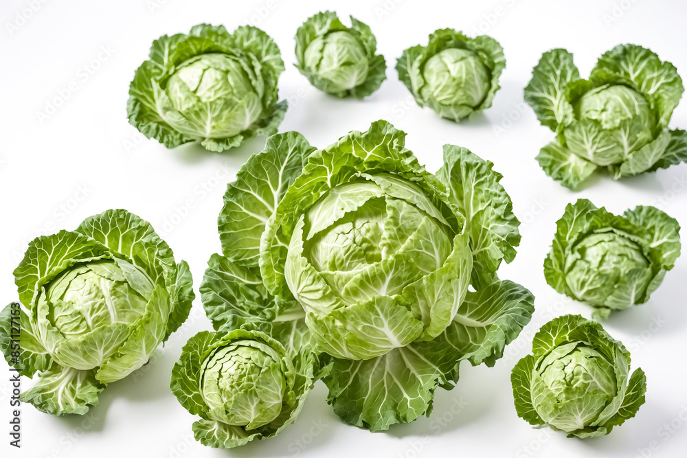 Fresh Green Cabbage Heads on White Background Fresh Green Cabbage Heads on White Background