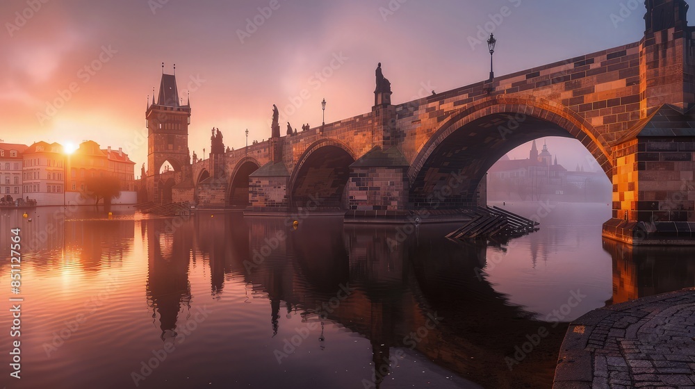 Obraz premium The historic stone bridge glows under the soft golden light of a sunrise over the river in a scenic European urban landscape vista.