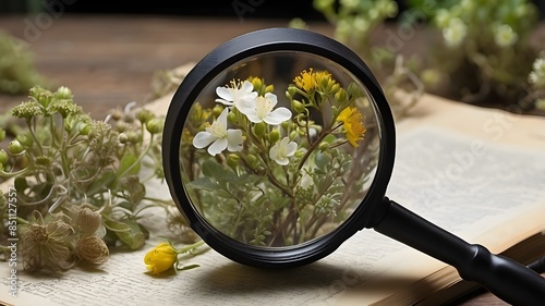 Study of phytology with the help of magnifying glass used in gardening, plant science, plant biology, or botany,gardening and agriculture,poppy flowers in the garden,vived magnifying lens background