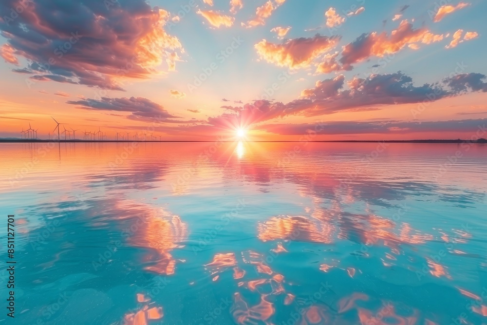 Fototapeta premium A serene sunset over a calm lake, vibrant pink, orange, and yellow hues paint the sky. Modern windmills in the distance add a touch of innovation to the idyllic scene. Copy space