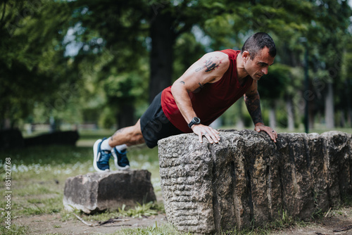 Fotografie Focused athletic man with tattoos performing push-ups on a rustic stone bench in a lush green park, exemplifying dedication and strength in his fitness routine