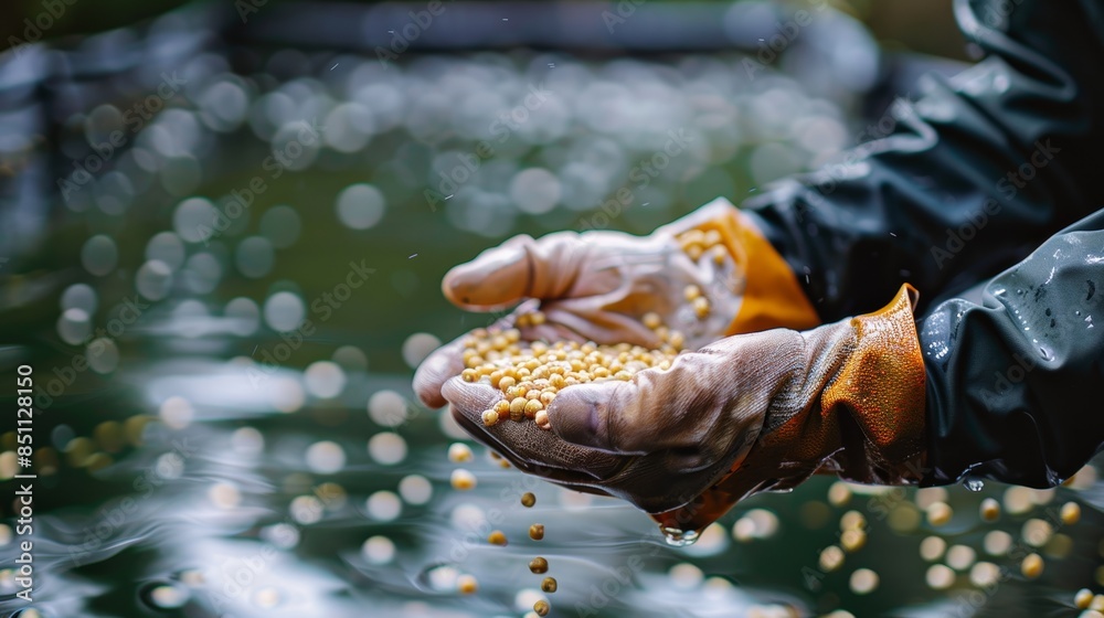 Fish farm worker distributing pelleted feed, trout and salmon actively feeding, clear and calm water, detailed farming process, sustainable practice Fish farm worker distributing pelleted feed, trout and salmon actively feeding, clear and calm water, detailed farming process, sustainable practice