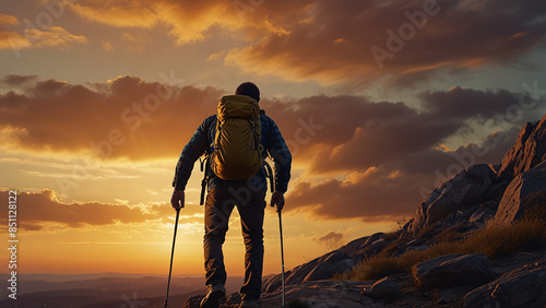 Father and son on the mountains with sun set behind them dad with son on hills and sunsetting wallpaper, background landscapes dady and baby illustration celeberation beautiful scenery hiking people  photo