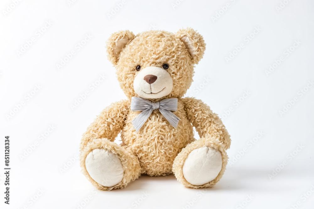 Fototapeta premium Plush Teddy Bear with Blue Bow Isolated on White Background