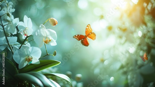 Delicate orchid in a natural setting, butterflies gently fluttering around, soft sunlight filtering through, serene and soothing ambiance