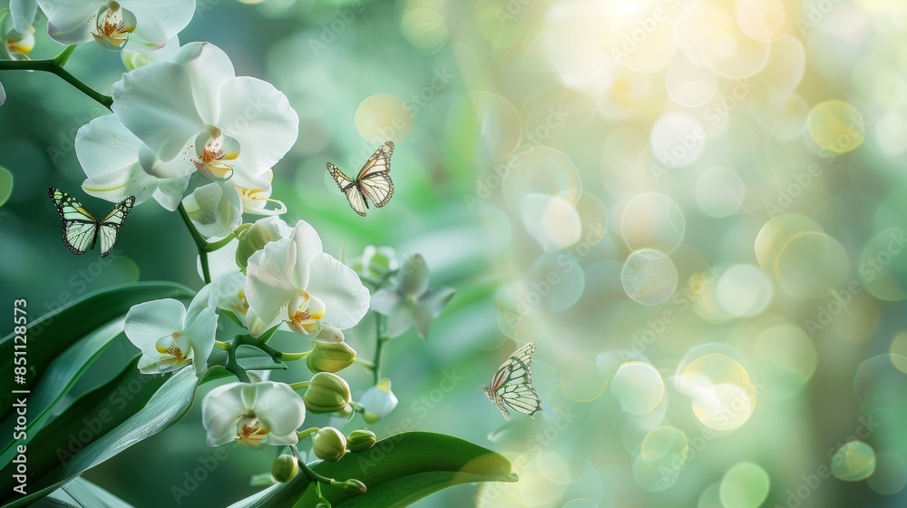 Elegant orchids with butterflies nearby, serene natural environment, soft focus and gentle lighting, creating a soothing visual Elegant orchids with butterflies nearby, serene natural environment, soft focus and gentle lighting, creating a soothing visual