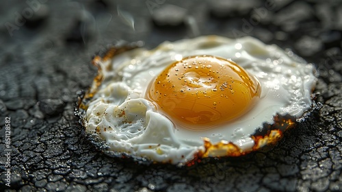 Egg frying on scorching asphalt, sunny side up, intense summer heatwave, vibrant colors capturing the anomaly of extreme climate change