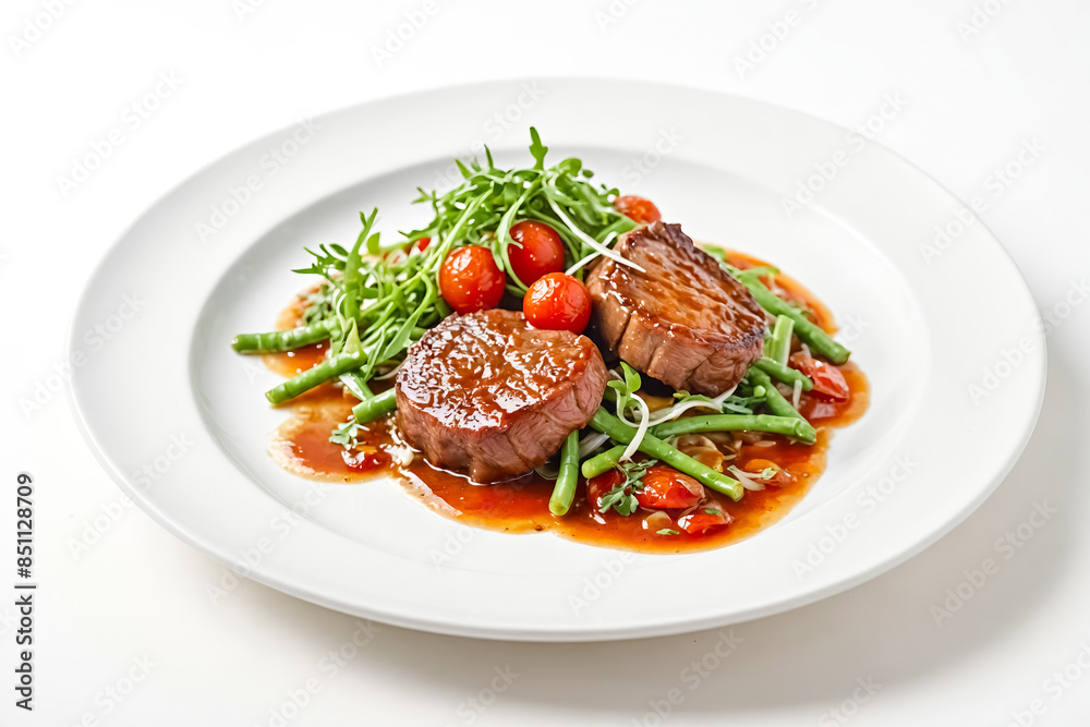 Delicious Steak with Vegetables and Sauce on White Plate Delicious Steak with Vegetables and Sauce on White Plate