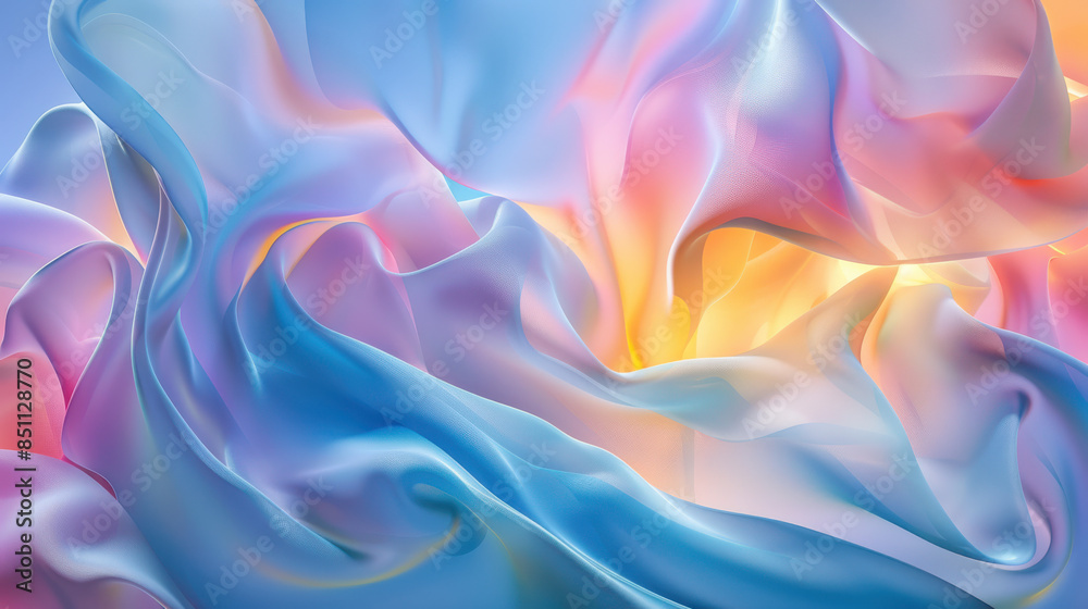 Obraz premium An abstract digital artwork of smooth, flowing shapes, silky texture with hints of pink and yellow along the edges, in a vivid blue background